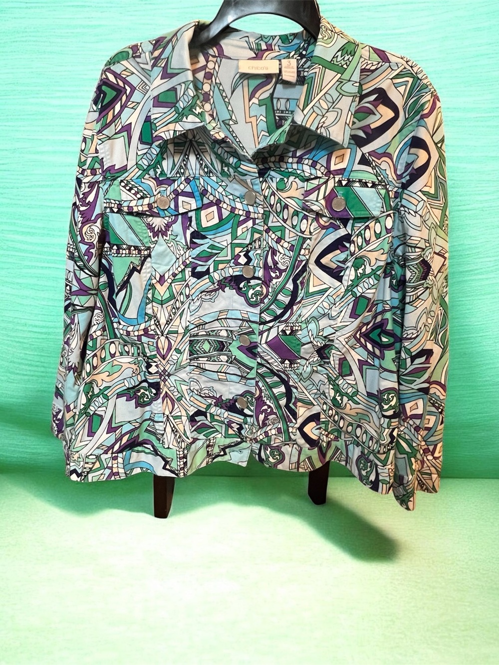 Chico's Aqua, Teal & Purple Printed Jean Jacket